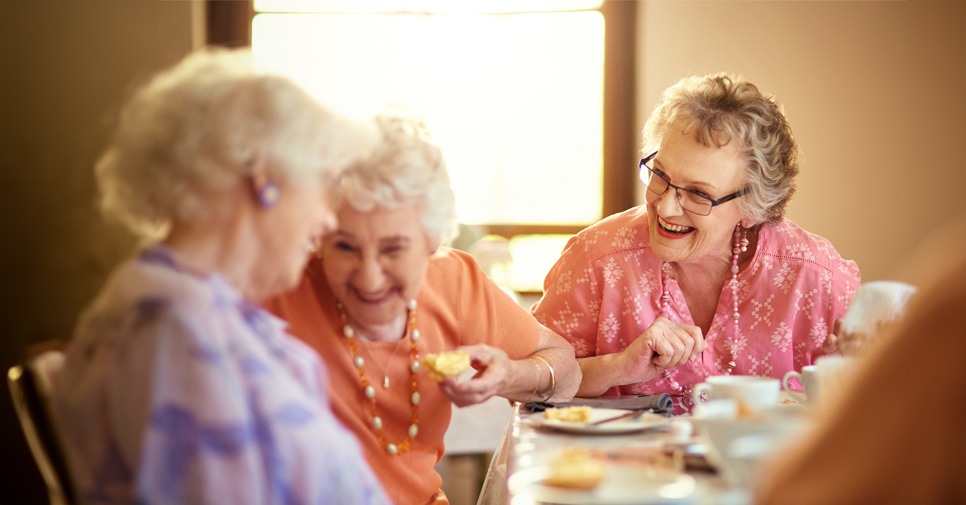 3 senior women laughing with each other over a meal